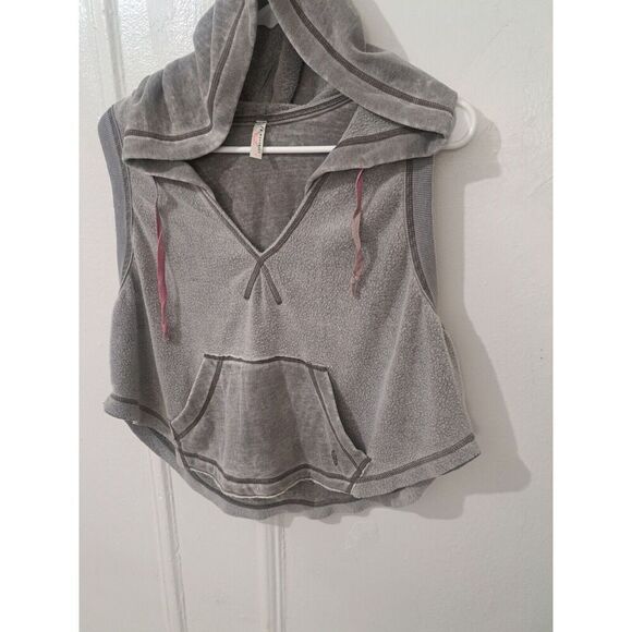 Free People Movement Womens Small Meadowbrook Taupe Burnout SOFT CROP Hoodie Top - Picture 3 of 9